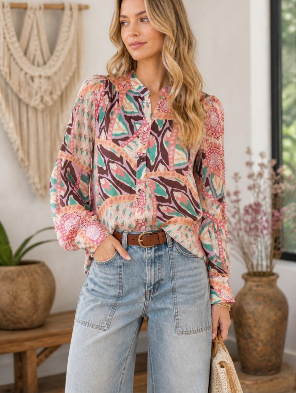 Fate Blouse Patterned Silky Button Up White/Green/Pink Sz S